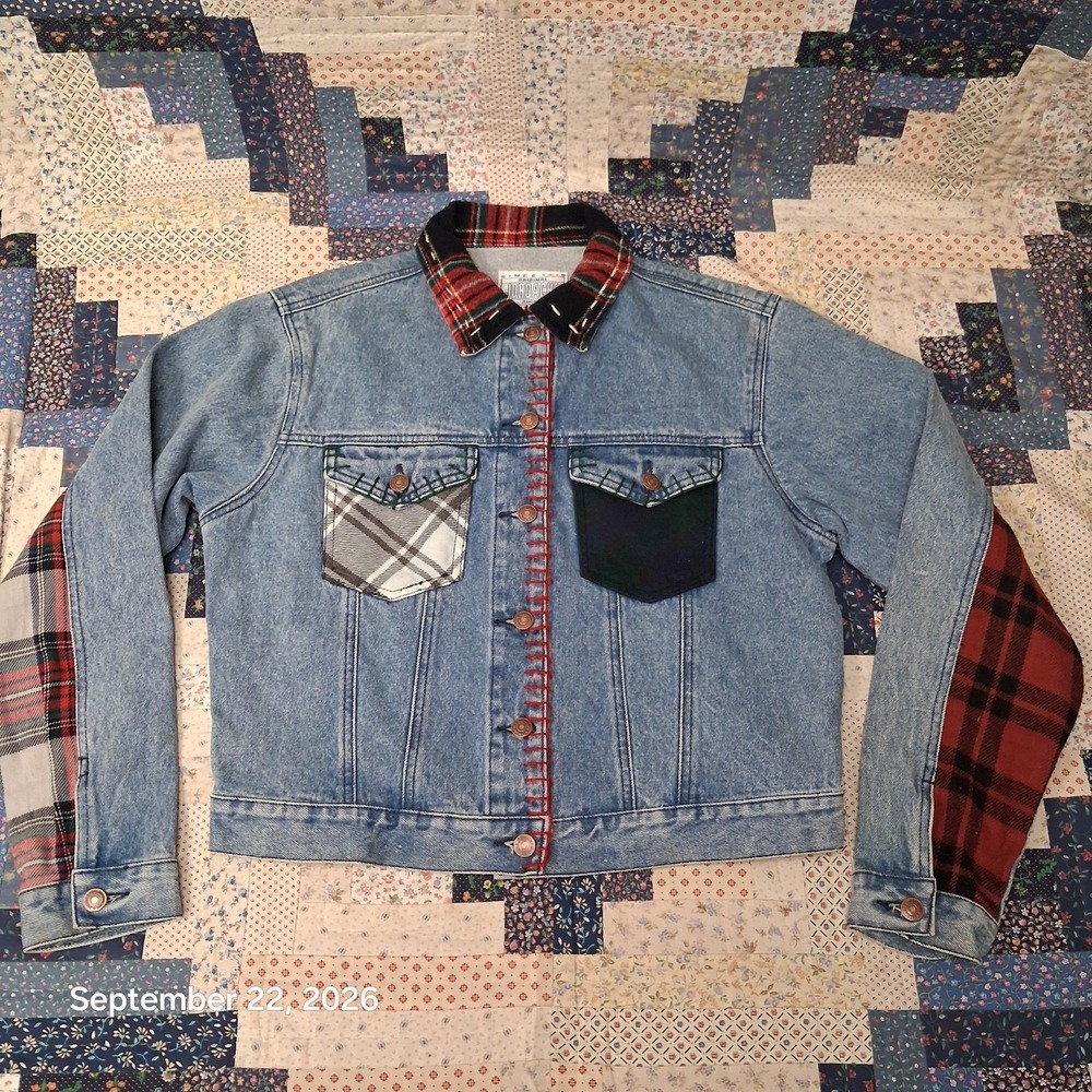 80s Vintage Jordache OOAK Whipstitch Jean Trucker Jacket Womens L Boho Folk Art